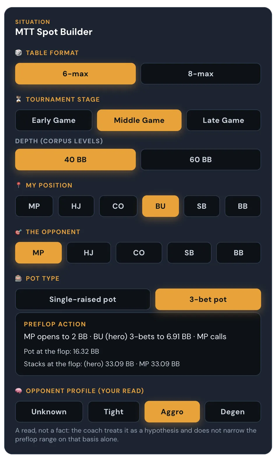 MTT Spot Builder: table format, tournament stage, stack depth and positions