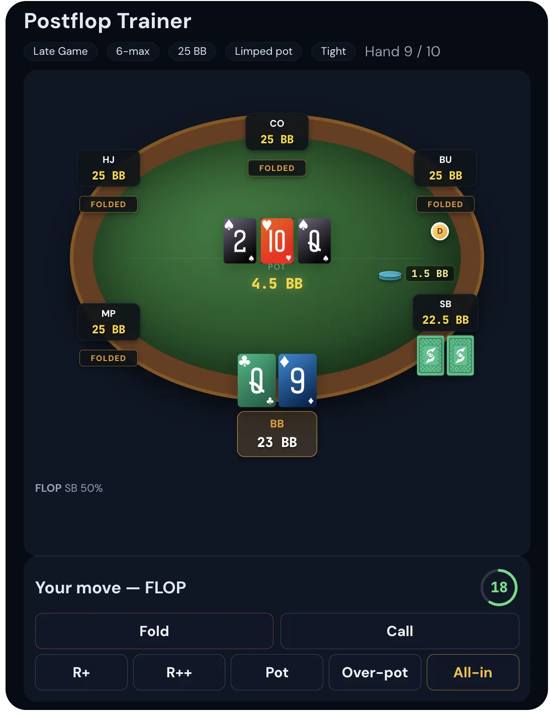 Postflop trainer in play: 6-max table, your hand, the timer and the available actions
