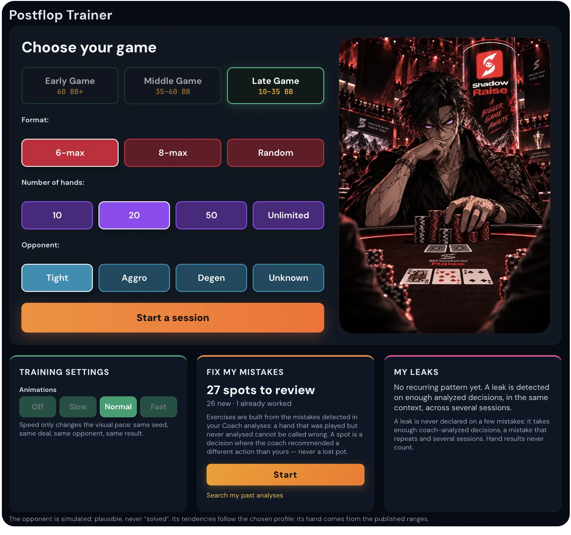 Postflop trainer: choose the tournament stage, format, number of hands and opponent profile